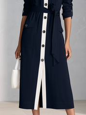 Women's Color Block Long Sleeve Button Down Belted Shirt Midi Dress