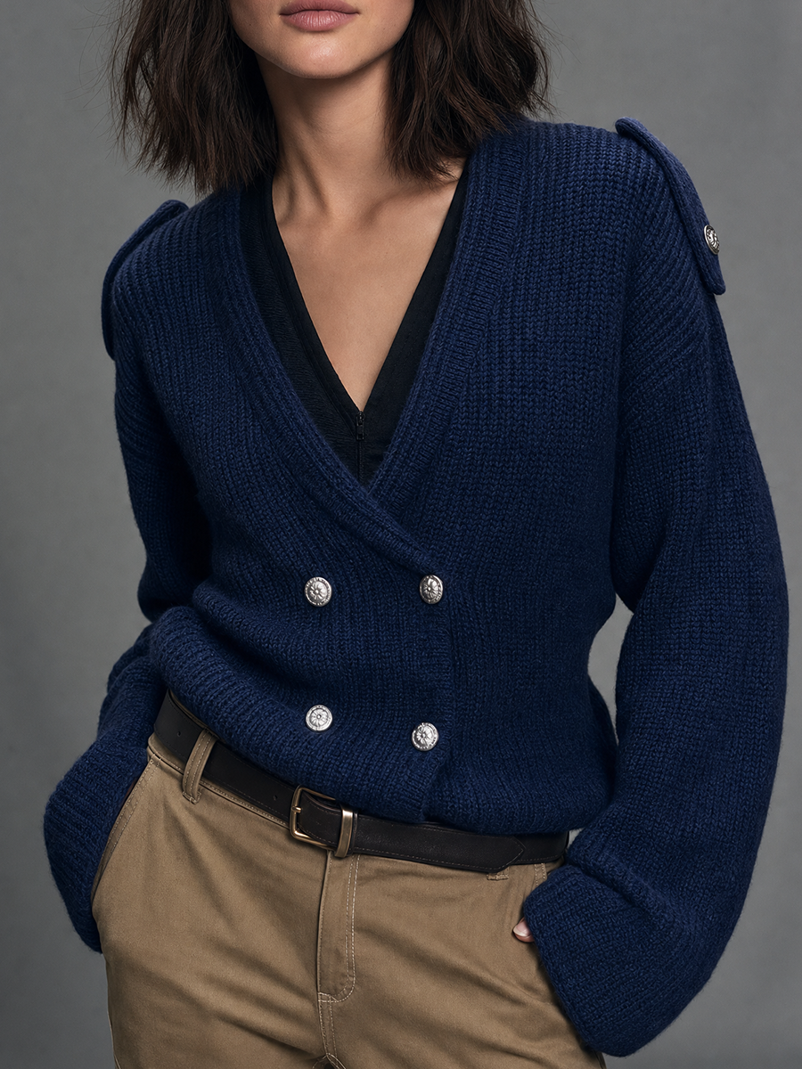 Autical Luxe Navy Double-Breasted Knit Cardigan Top