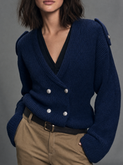 Autical Luxe Navy Double-Breasted Knit Cardigan Top