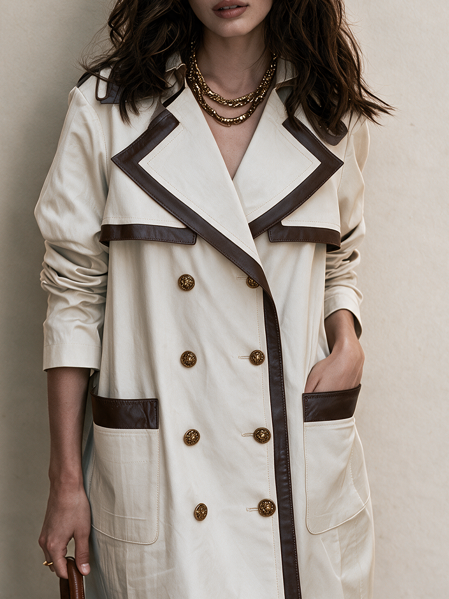 Contrast Faux Leather Trim Double-Breasted Trench Coat