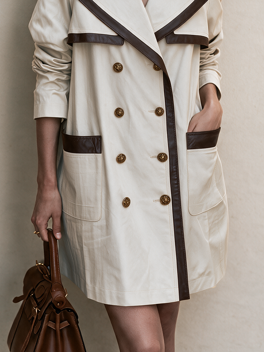 Contrast Faux Leather Trim Double-Breasted Trench Coat