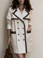 Contrast Faux Leather Trim Double-Breasted Trench Coat