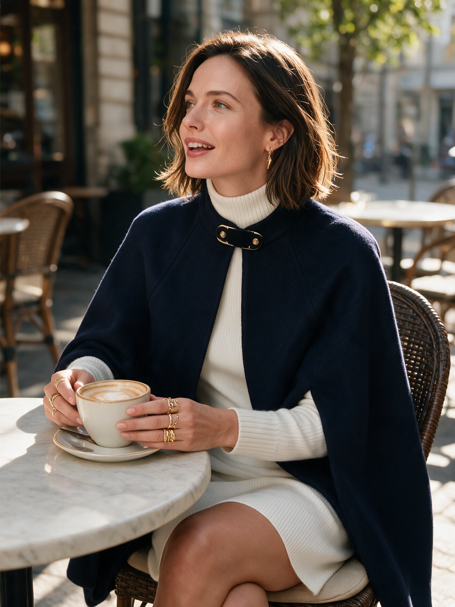 Elegant Navy Wool-Blend High-Neck Buckle Cape Coat