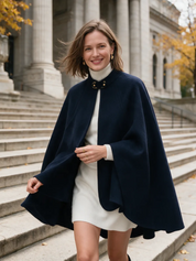 Elegant Navy Wool-Blend High-Neck Buckle Cape Coat