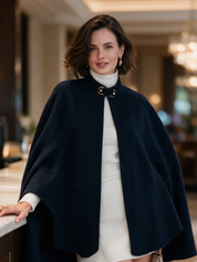 Elegant Navy Wool-Blend High-Neck Buckle Cape Coat