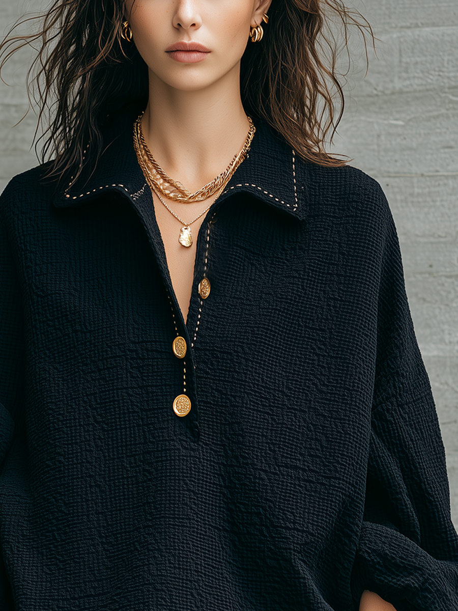 Relaxed Black Textured Collared Gold-Button Pullover Top