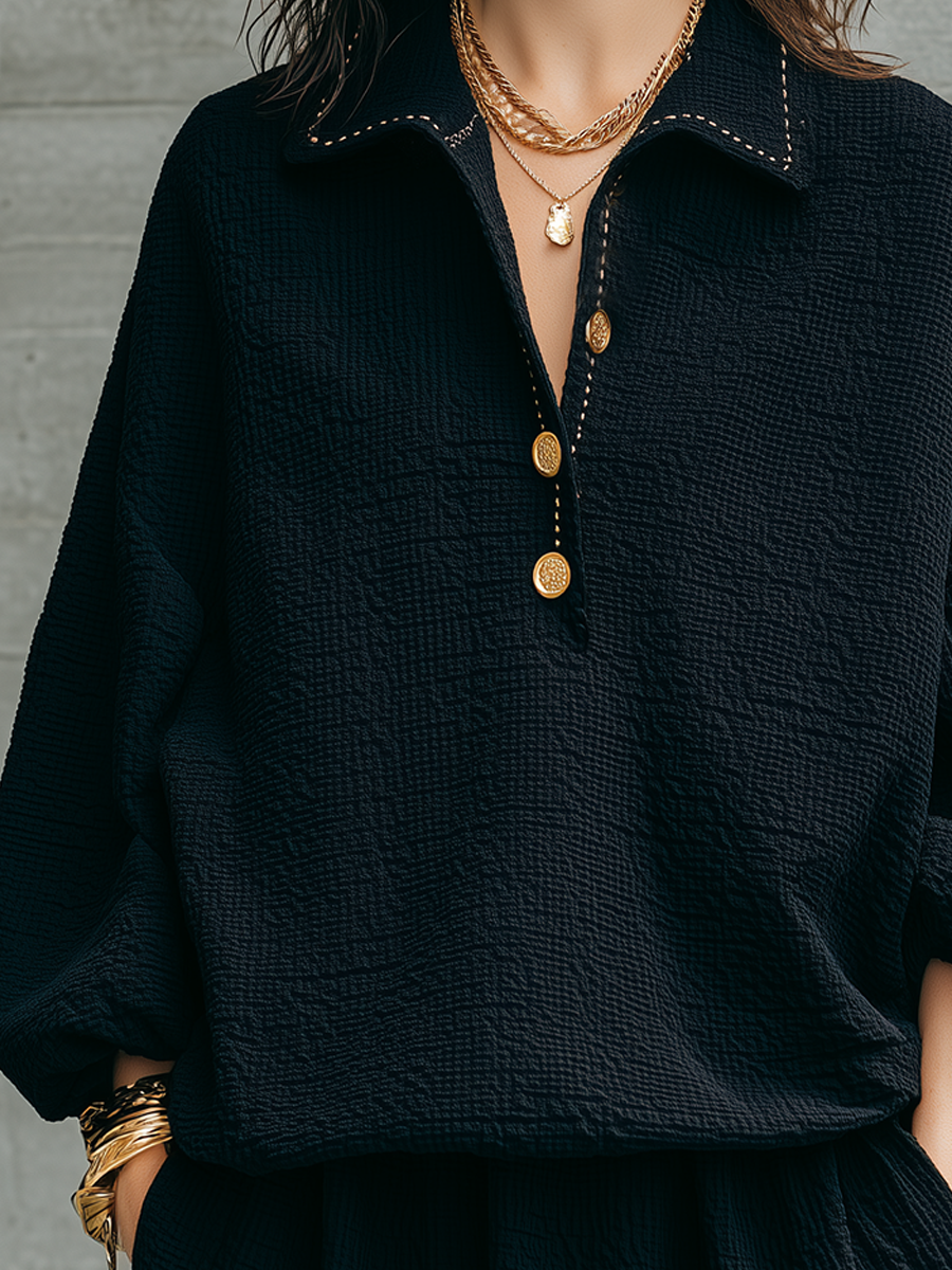 Relaxed Black Textured Collared Gold-Button Pullover Top