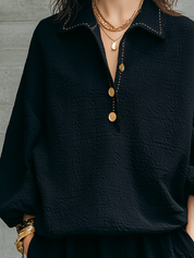 Relaxed Black Textured Collared Gold-Button Pullover Top