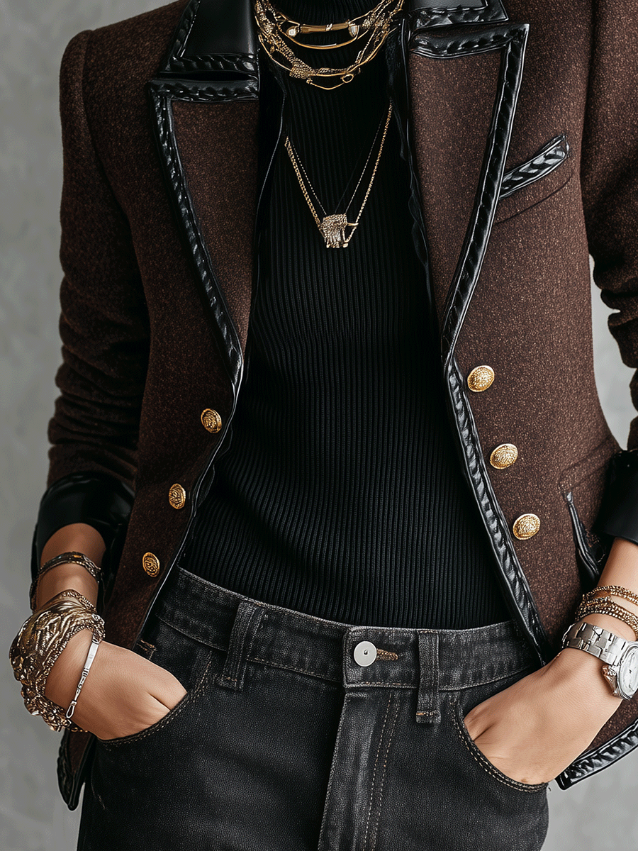 Boucle Wool-Blend Faux Leather Trim Jacket