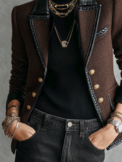 Boucle Wool-Blend Faux Leather Trim Jacket