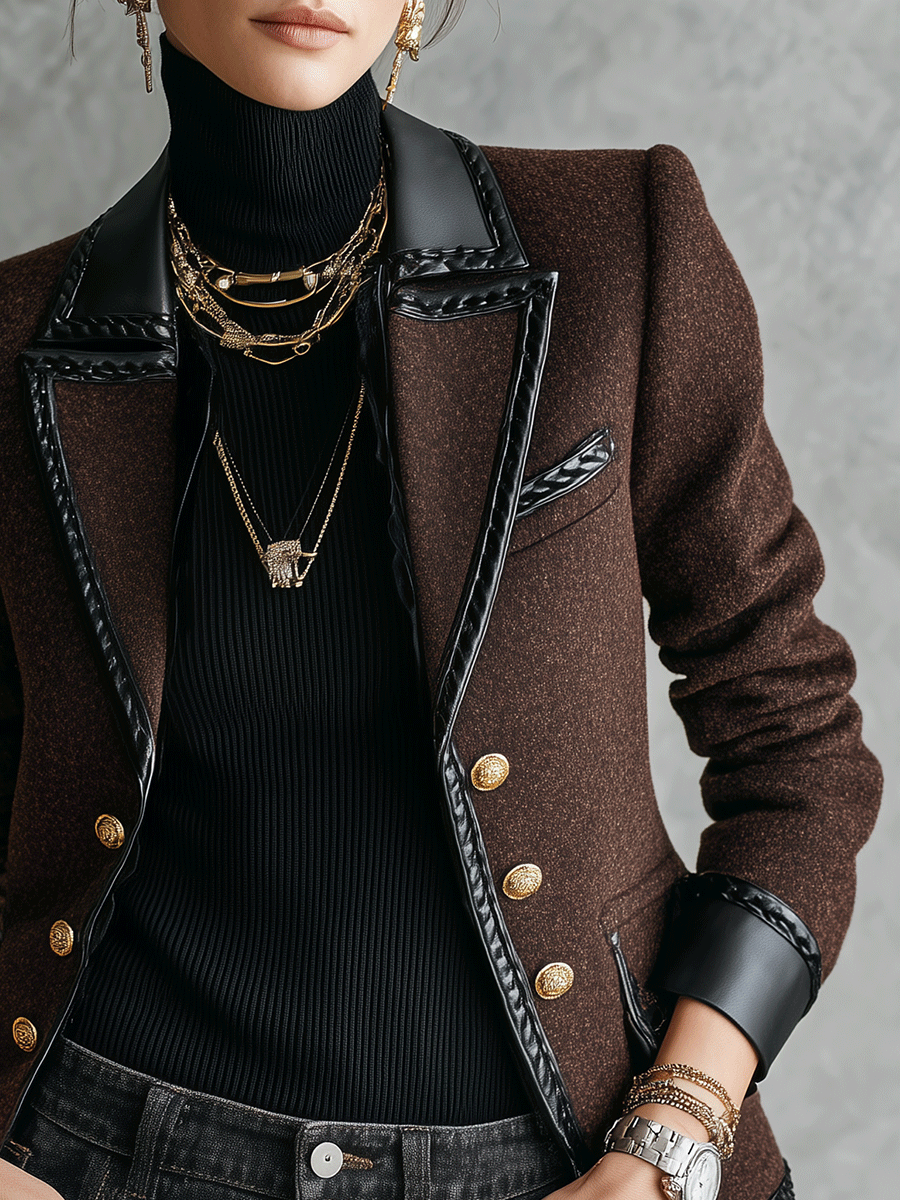 Boucle Wool-Blend Faux Leather Trim Jacket