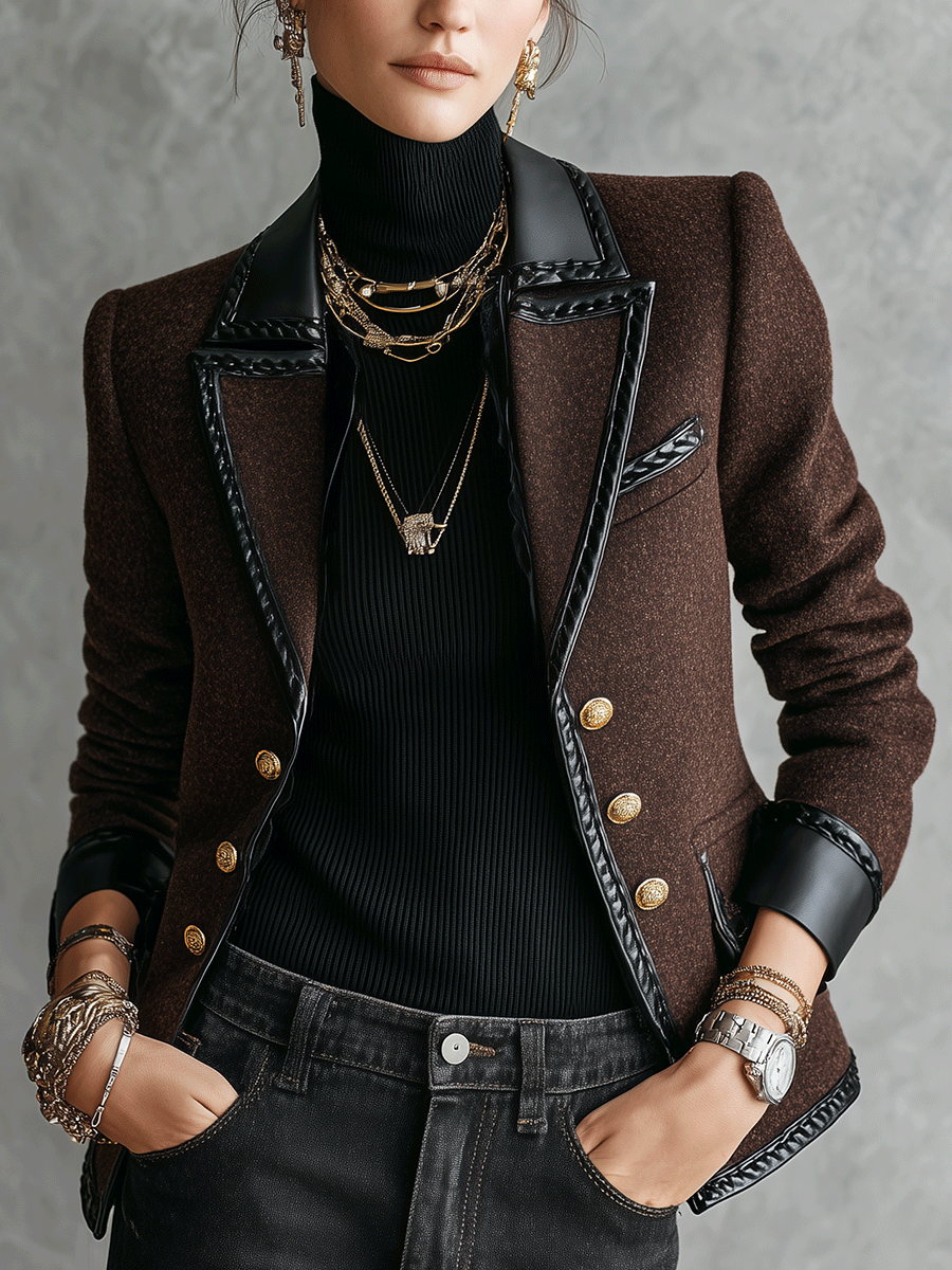 Boucle Wool-Blend Faux Leather Trim Jacket