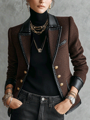 Boucle Wool-Blend Faux Leather Trim Jacket