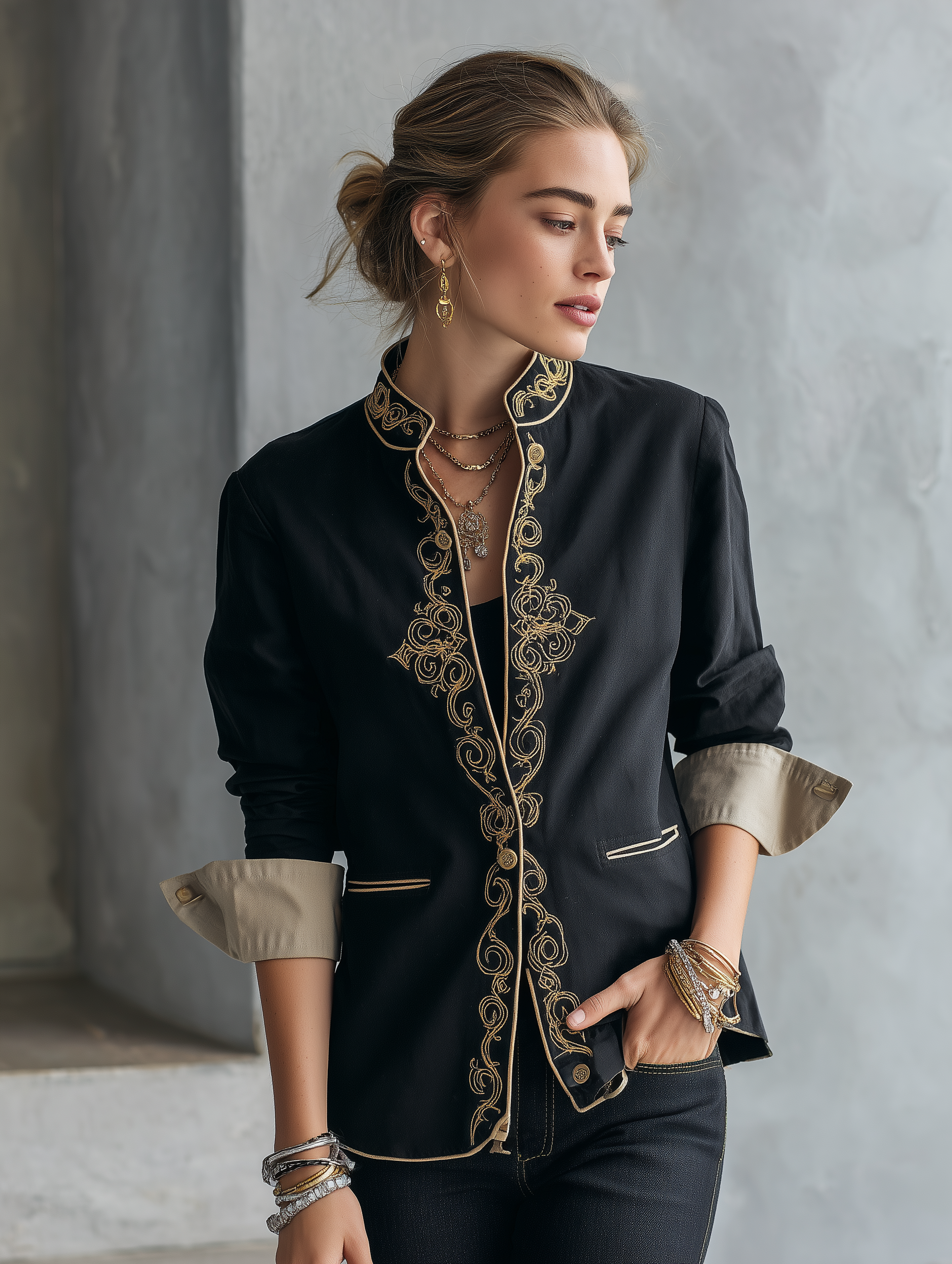 Baroque Cotton Blend Tailored-Fit Black Gold Embroidered Jacket
