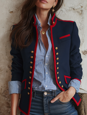 Military Chic Cotton Twill Tailored-Fit Navy Red Trim Gold Button Jacket