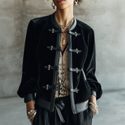 Vintage Luxe Velvet Tailored-Fit Black Leather Trim Buckle Jacket