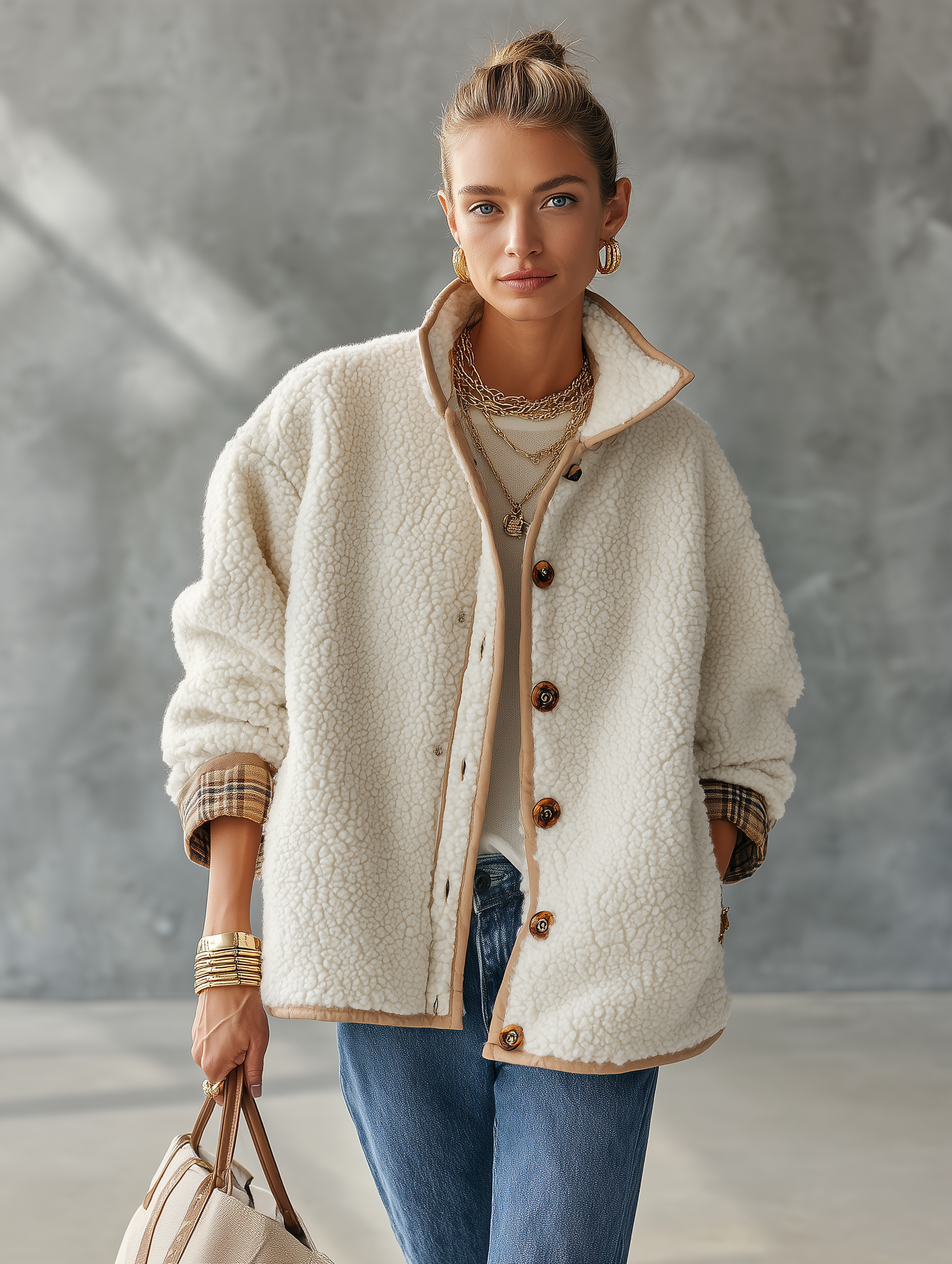 Cozy Sherpa Fleece Relaxed-Fit Ivory Contrast Trim Jacket