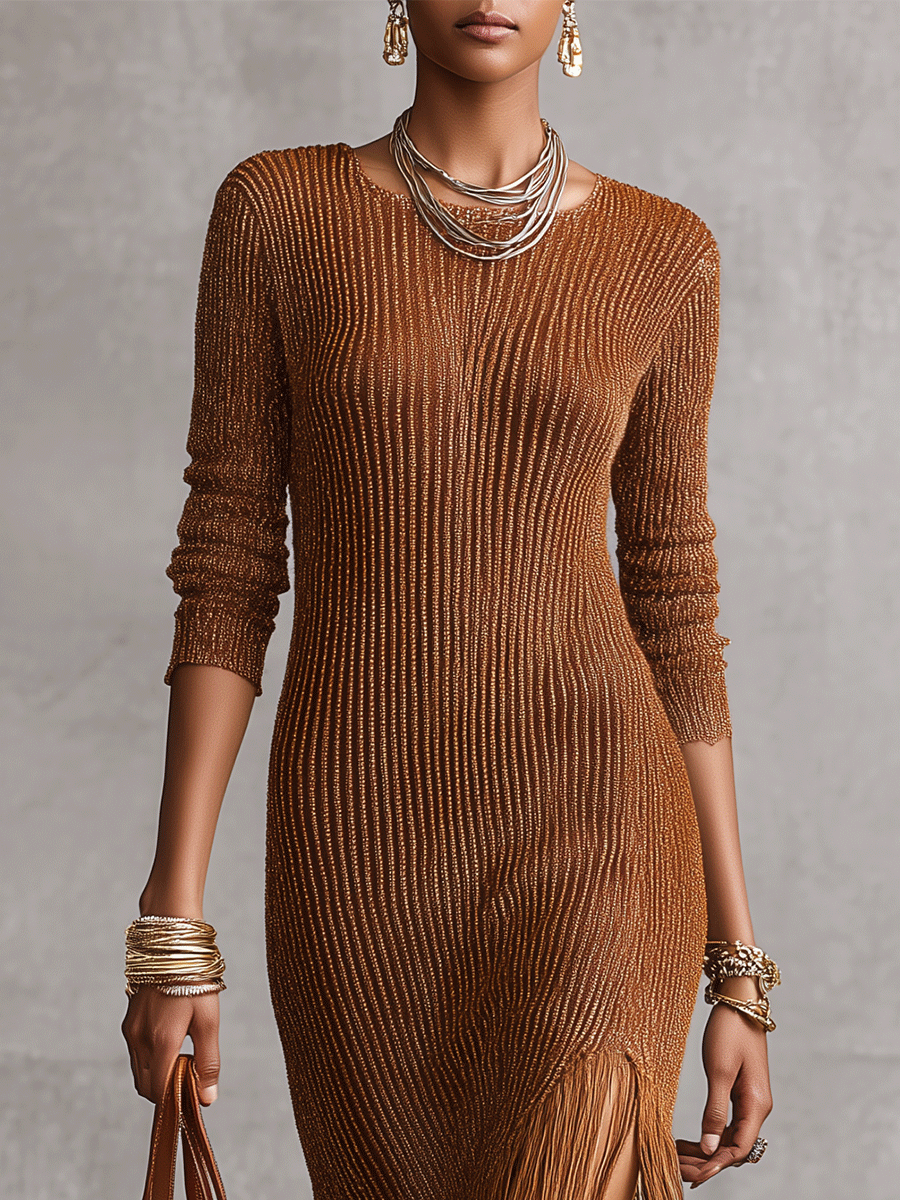 Women's Long Sleeve Ribbed Knit Fringe Hem Bodycon Maxi Dress
