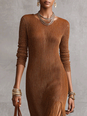 Women's Long Sleeve Ribbed Knit Fringe Hem Bodycon Maxi Dress