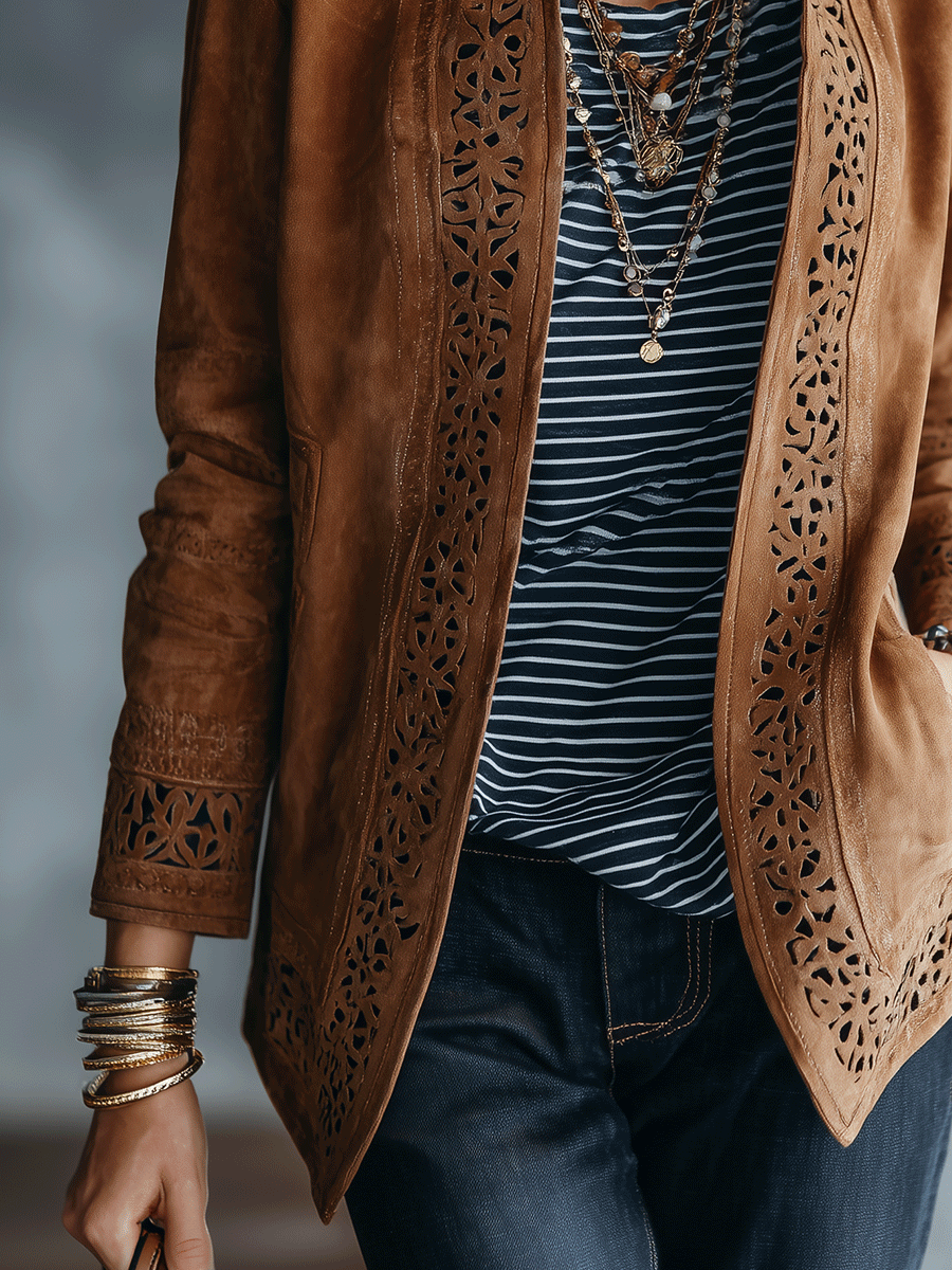 Vintage Suede Tailored-Fit Cognac Brown Embroidered Cutwork Jacket