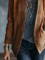 Vintage Suede Tailored-Fit Cognac Brown Embroidered Cutwork Jacket