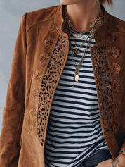 Vintage Suede Tailored-Fit Cognac Brown Embroidered Cutwork Jacket