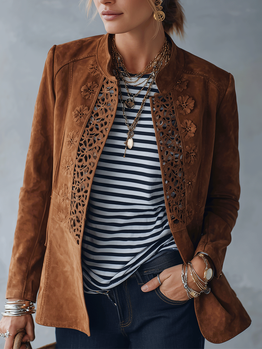 Vintage Suede Tailored-Fit Cognac Brown Embroidered Cutwork Jacket