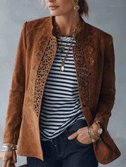Vintage Suede Tailored-Fit Cognac Brown Embroidered Cutwork Jacket