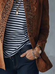 Vintage Suede Tailored-Fit Cognac Brown Embroidered Cutwork Jacket