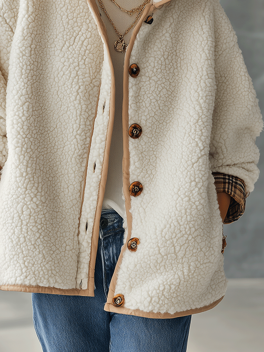 Cozy Sherpa Fleece Relaxed-Fit Ivory Contrast Trim Jacket