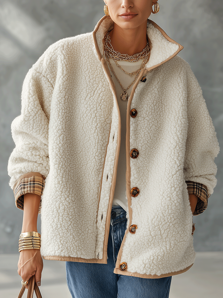Cozy Sherpa Fleece Relaxed-Fit Ivory Contrast Trim Jacket
