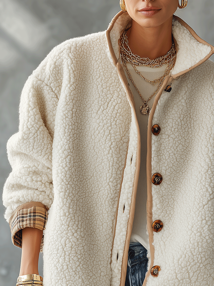 Cozy Sherpa Fleece Relaxed-Fit Ivory Contrast Trim Jacket