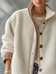 Cozy Sherpa Fleece Relaxed-Fit Ivory Contrast Trim Jacket