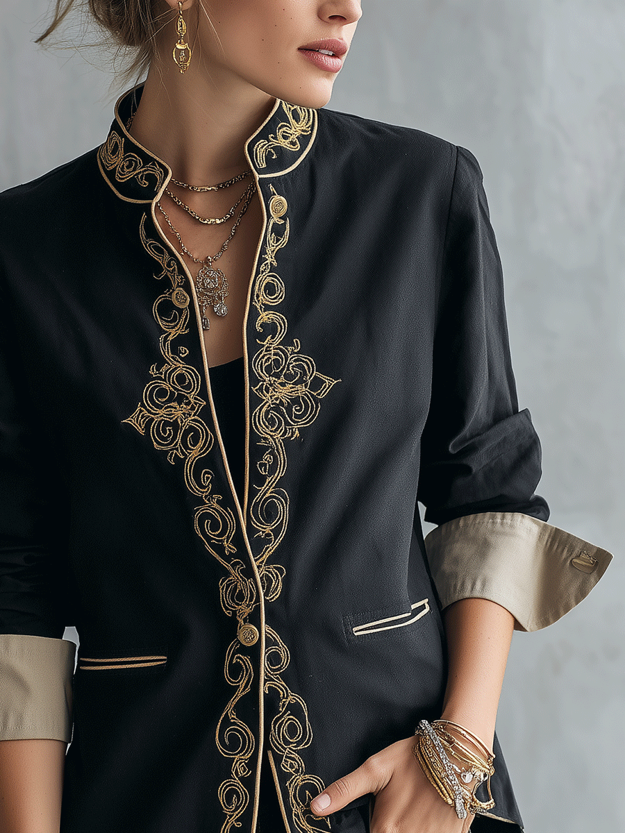 Baroque Cotton Blend Tailored-Fit Black Gold Embroidered Jacket