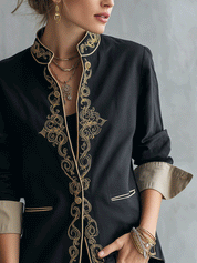 Baroque Cotton Blend Tailored-Fit Black Gold Embroidered Jacket