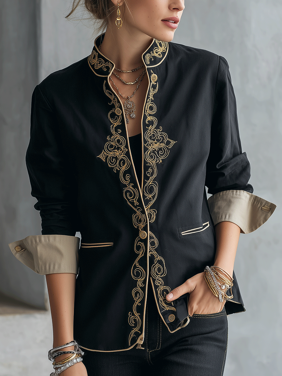 Baroque Cotton Blend Tailored-Fit Black Gold Embroidered Jacket
