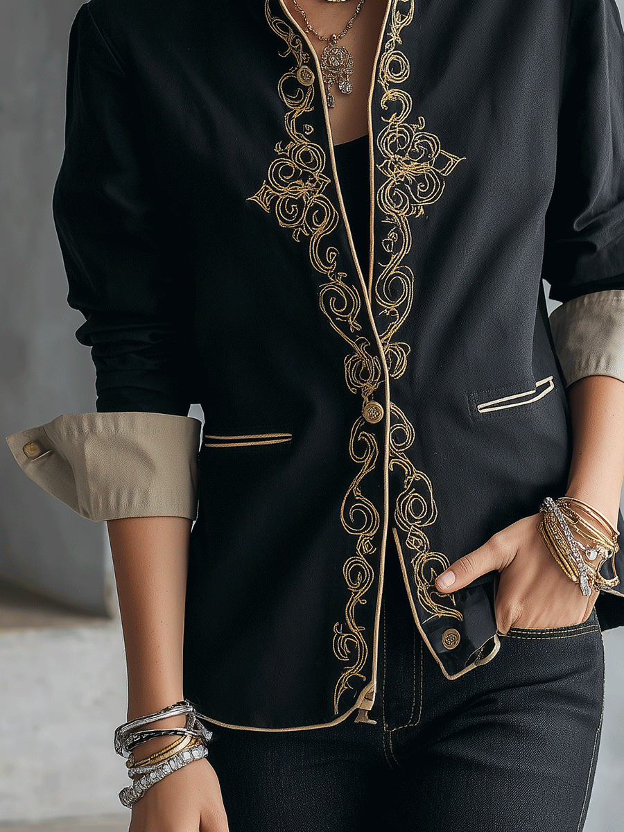 Baroque Cotton Blend Tailored-Fit Black Gold Embroidered Jacket