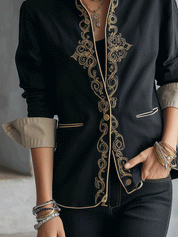 Baroque Cotton Blend Tailored-Fit Black Gold Embroidered Jacket