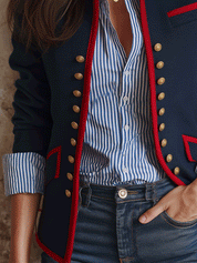 Military Chic Cotton Twill Tailored-Fit Navy Red Trim Gold Button Jacket