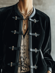 Vintage Luxe Velvet Tailored-Fit Black Leather Trim Buckle Jacket