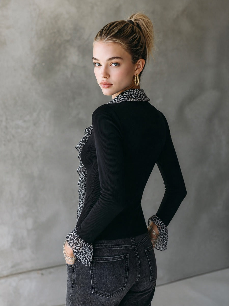 Women's Ribbed Leopard Print Ruffle Trim Long Sleeve Blouse
