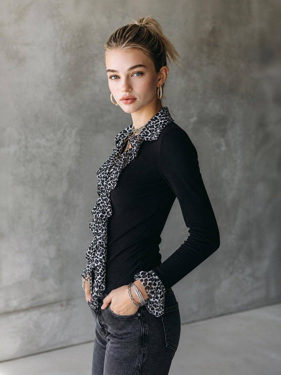 Women's Ribbed Leopard Print Ruffle Trim Long Sleeve Blouse