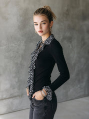 Women's Ribbed Leopard Print Ruffle Trim Long Sleeve Blouse