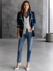 Contrast Trim Double-Breasted Gold Button Details Blazer