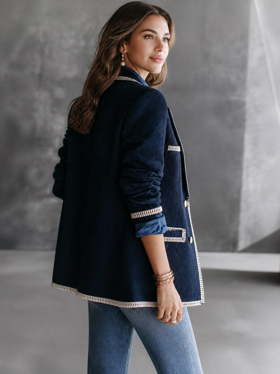 Contrast Trim Double-Breasted Gold Button Details Blazer