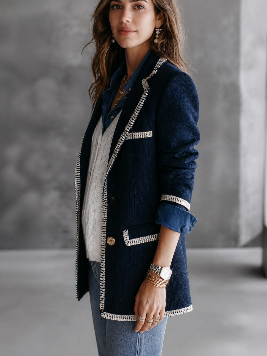 Contrast Trim Double-Breasted Gold Button Details Blazer
