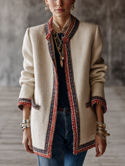 Women's Tweed Open Front Jacket with Contrast Trim Collarless Coat