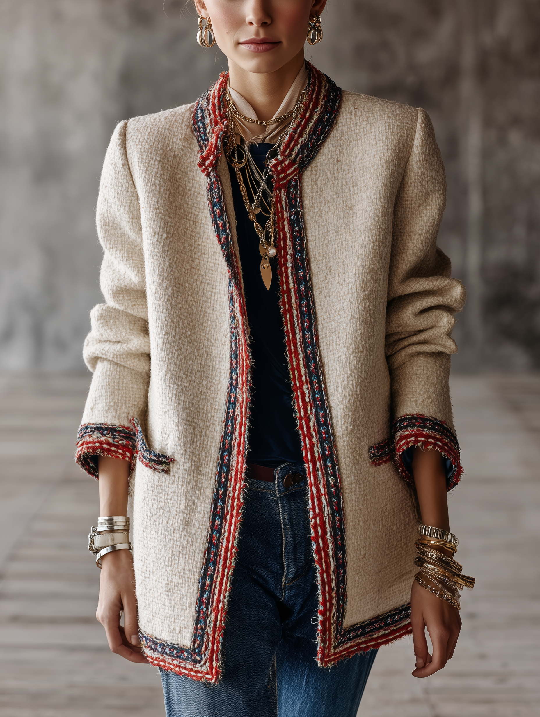 Women's Tweed Open Front Jacket with Contrast Trim Collarless Coat