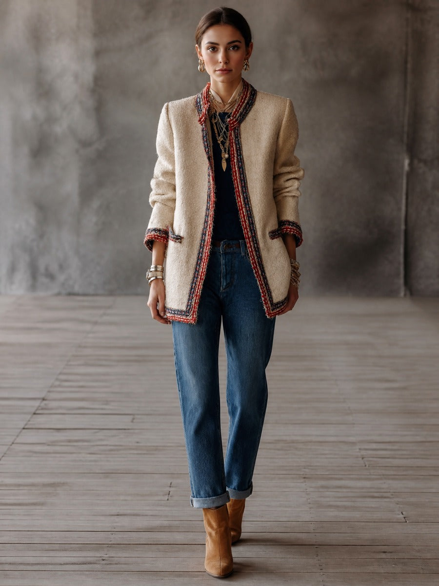 Women's Tweed Open Front Jacket with Contrast Trim Collarless Coat