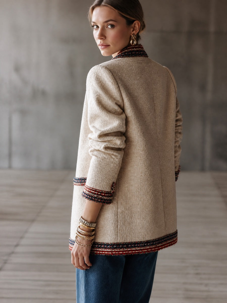 Women's Tweed Open Front Jacket with Contrast Trim Collarless Coat